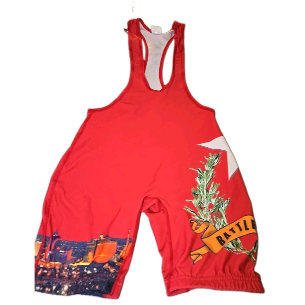 Vtg Brute Wrestling Singlet Adult Large Red Las Vegas All Over Print USA Born Ba